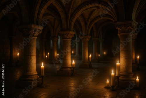 Atmospheric Gothic Crypt with Candlelit Arches Creating a Mysterious and Romantic Ambiance Suitable for Halloween or Historical Themed Designs Featuring Medieval Architecture