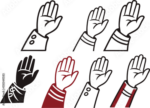 Waving hand icons. Hand gesture as a symbol of hi, hello, or bye. Transparent PNG and vector illustration.hand, hi, waving, friendly, greeting, signs, welcome, illustration, bye, icon, symbol, vector,