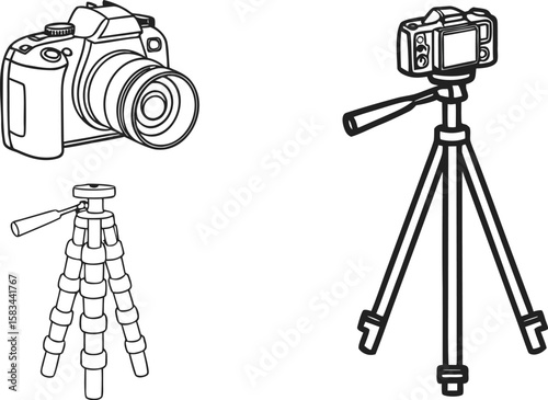 Camera and tripod icon. Tripod holding camera, smartphone and video recorder symbol. Transparent PNG and vector.photo, racked, clip art, graphic, professional, silhouette, simplicity, support, 