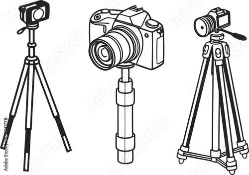 Camera and tripod icon. Tripod holding camera, smartphone and video recorder symbol. Transparent PNG and vector.photo, racked, clip art, graphic, professional, silhouette, simplicity, support, 