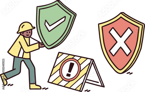 safe caution and unsafe icon set. green yellow and red shield with tick cross and caution sign. warning label for app, website. transparent png and vector illustration.safety, illustration, design, 