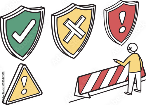 safe caution and unsafe icon set. green yellow and red shield with tick cross and caution sign. warning label for app, website. transparent png and vector illustration.safety, illustration, design, 