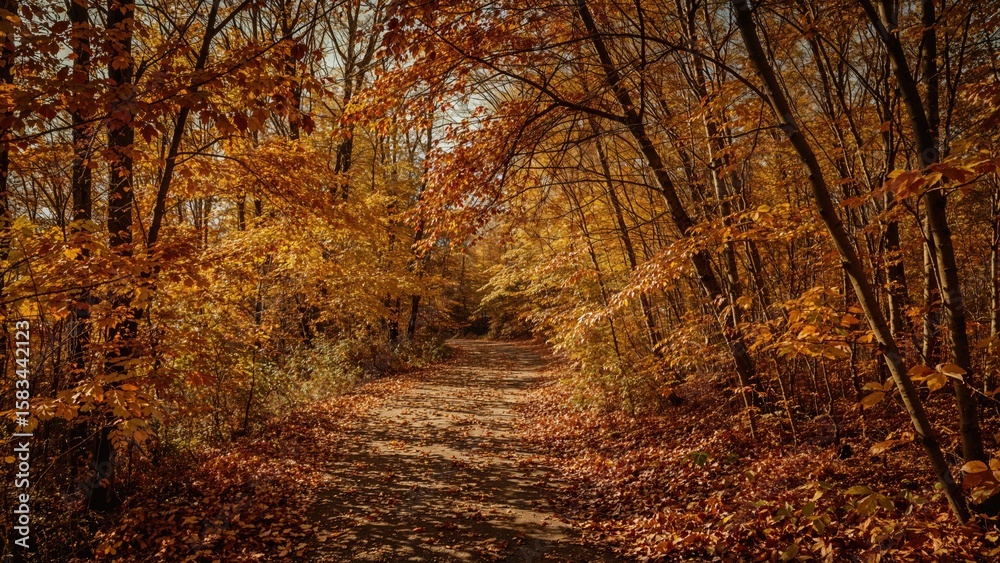 Obraz premium Pathway in woods layered with autumn leaves