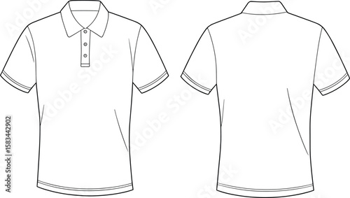 Men’s polo shirt flat sketch, front and back view, vector fashion design template with collar and button placket details.