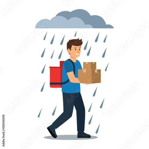 A dedicated delivery person, carrying packages in the rain, highlighting fast, reliable service in all weather conditions