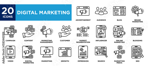 Digital marketing icon collection set. containing design advertisement,content,online marketing,SEO,audience
