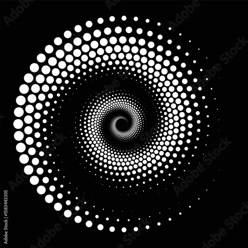 An illustration with bright concentric circles of white dots on a dark background. The composition creates a sense of movement and depth, as if the viewer is looking into a funnel or tunnel of light