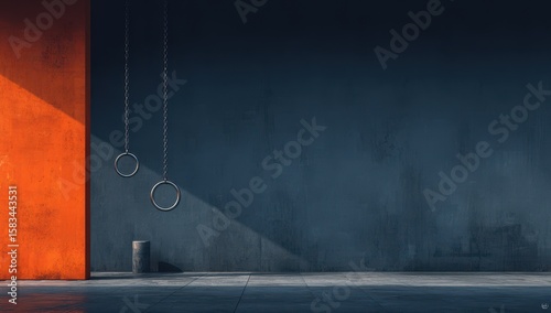 Empty gym with rusty orange wall and gym rings