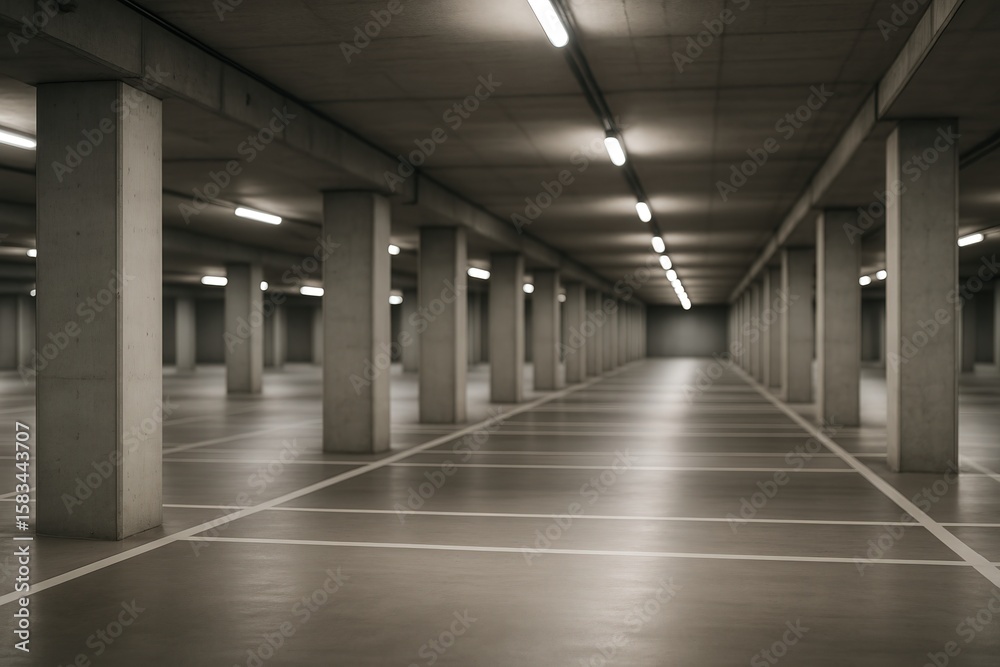 Fototapeta premium Sleek Underground Parking Interior with Blurred Background Featuring Concrete Columns and Modern Lighting in Urban Setting