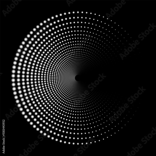 An illustration with bright concentric circles of white dots on a dark background. The composition creates a sense of movement and depth, as if the viewer is looking into a funnel or tunnel of light