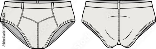 Men’s underwear design, front and back view, vector illustration, fashion garment template, clothing detail, seamless sketch, apparel styling