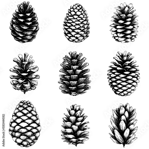 Vintage woodland pattern, engraved pinecone scale texture, hand-drawn seed sketch, antique botanical detail, retro autumn texture, trendy engraved illustration, vector illustration.