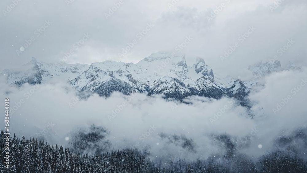 Obraz premium snow-covered mountains with clouds and pine trees under a gray sky in a winter landscape scene