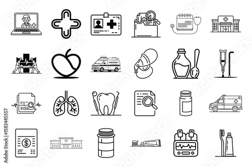 Collection of medical and healthcare icons in a clean and modern outline silhouette style representing various aspects of medicine and wellness
