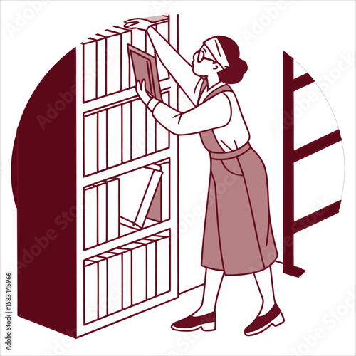Librarian Woman Books Line Art Vector