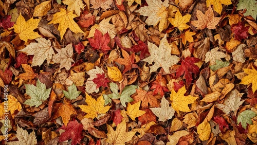 Detailed overhead shot of colorful dried leaves in autumn tonesâ€”yellow, green, orange, purple, and redâ€”from a variety of trees arranged chaotically.