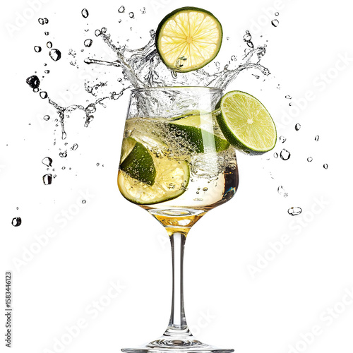 Lime Vodka Spritz vodka drink splash in a glass, studio shot, isolated on a white transparent background.