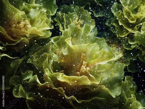 Close-up of vibrant green, textured growths, resembling flowers or coral, with light speckles