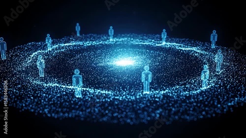 Digital representation of diverse individuals forming a circle around a glowing core, symbolizing unity