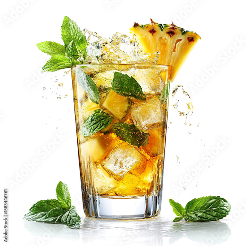 Pineapple Vodka Mojito vodka drink splash in a glass, studio shot, isolated on a white transparent background.