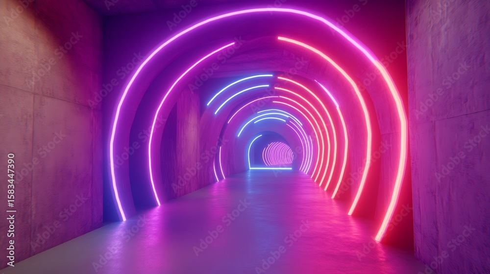 Obraz premium Neon tunnel with circular lighting