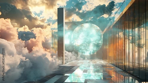 Ethereal futuristic landscape with a glowing circular portal amidst clouds and reflective surfaces