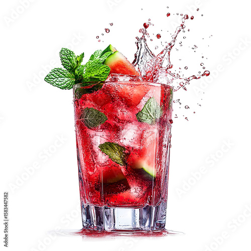 Watermelon Mint Vodka Mojito vodka drink splash in a glass, studio shot, isolated on a white transparent background.