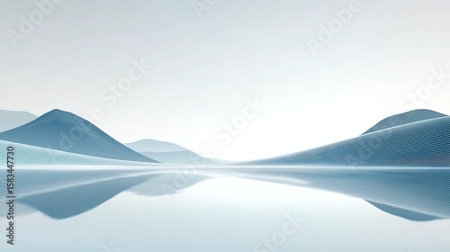 Light Blue and White Gradient Background with Center Space for Text or Logo, Featuring Water Ripple Lines and Subtle Mountain Outline for Natural Scenery Design with Perspective Shadow.