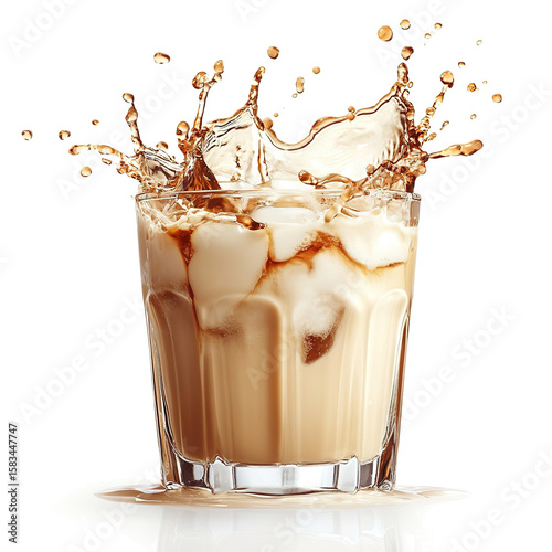 White Russian vodka drink splash in a glass, studio shot, isolated on a white transparent background.