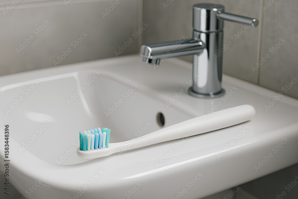 Fototapeta premium Toothbrush Resting on White Ceramic Sink in Clean Bathroom