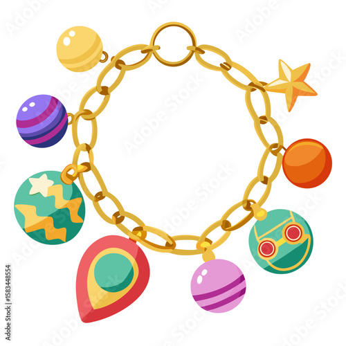 Artistic charm bracelet adorned with a variety of colorful dangling pendants