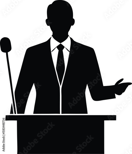 expert presenter icon, businessman giving speech silhouette vector