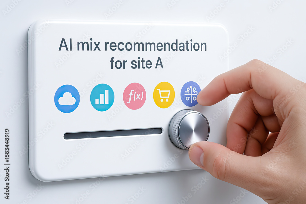 Fototapeta premium AI mix recommendation for site with hand adjusting control knob on white panel showing cloud, graph, function, shopping cart, and circuit icons