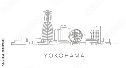 Yokohama Skyline Line Art with Japan Cityscape.
