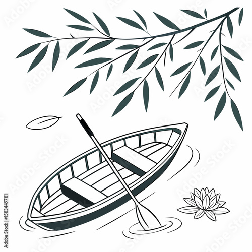 : bamboo raft oar floating leaves