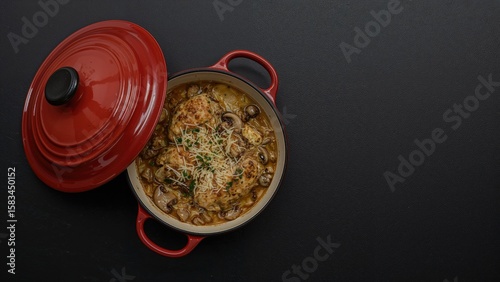 Top-down photo of a baked chicken and mushroom dish with cheese in a ceramic pot, black background, empty space for text