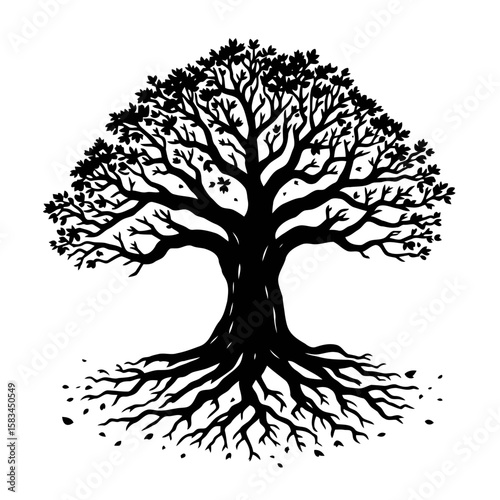 A versatile vector design showcasing a tree silhouette with intricate roots and graceful branches, perfect for illustrating nature's growth through all seasons