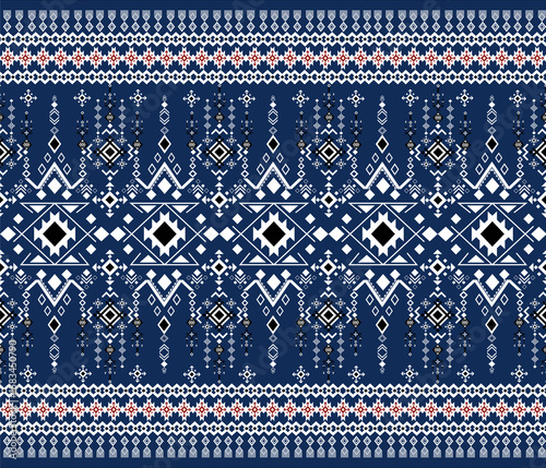 Abstract geometric fabric art, ethnic, native, full-panel pattern, blue, cream, white tones for textile, clothing, pillows, curtains, carpets, vector illustrations