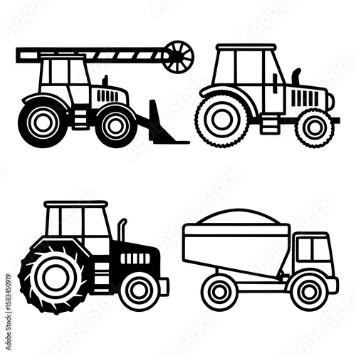 Agricultural machinery silhouettes tractor harvester