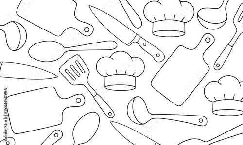 Line art seamless pattern with kitchen utensils and chef hats
