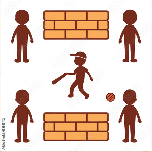 Children playing baseball with brick walls boys girls