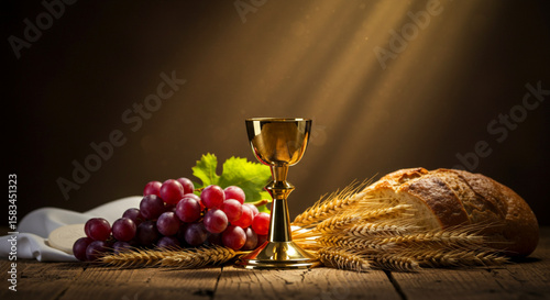 Holy communion elements of chalice, bread, grapes, and wheat on rustic wooden table with spiritual light - Christian ritual, eucharist, and religious concept