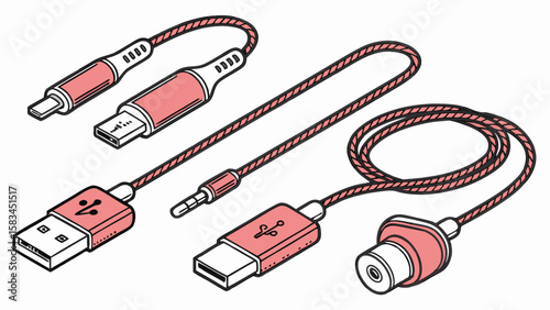 Different types of usb cables and audio cables for electronics and data transfer and audio connectivity