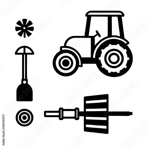Tractor implements and tools silhouette farming agriculture