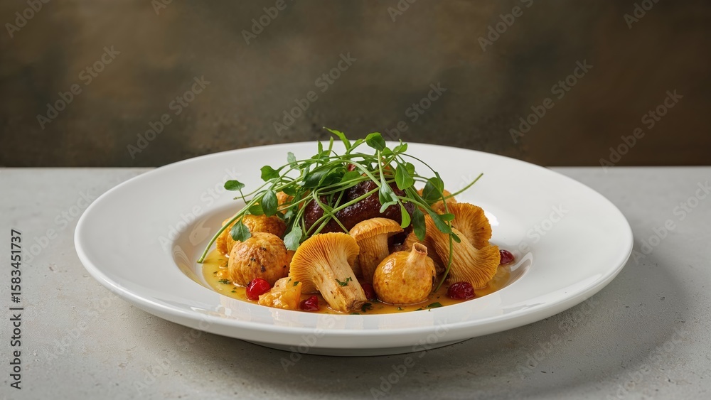 Fototapeta premium Salad accompanied by golden chanterelle mushrooms on a dish