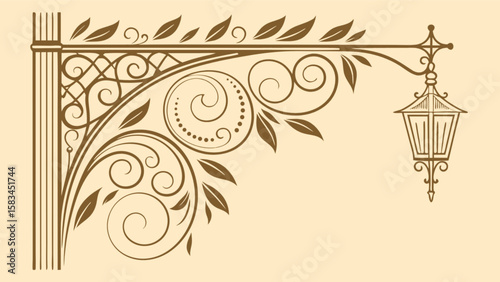 Vintage ornate street lamp post vector design with floral swirls and leaf decoration illustration element