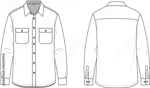 Men's Long Sleeve Button-Up Shirt Technical Fashion Sketch Front Back View, Classic Workwear Apparel Design Template, Versatile Smart Casual Top.