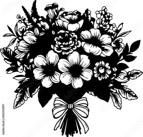  Exquisite Black and White Floral Bouquet with Bow Vector: Elegant Hand-Drawn Design Perfect for Weddings, Invitations, and Vintage Decor.
