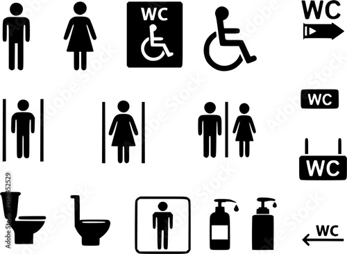 Toilet icons set, common male female restroom, handicap wheelchair access, sanitizer liquid soap, WC direction, baby changing table room, toilet signs, WC signs collection