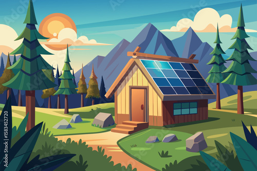 Cartoon Off Grid Cabin In Remote Forest With Solar Panels  